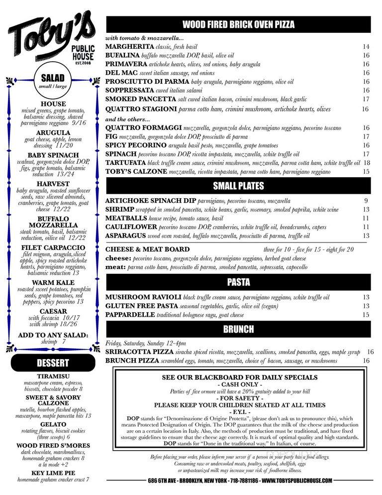 Toby's Public House - Brooklyn, NY menu_pic