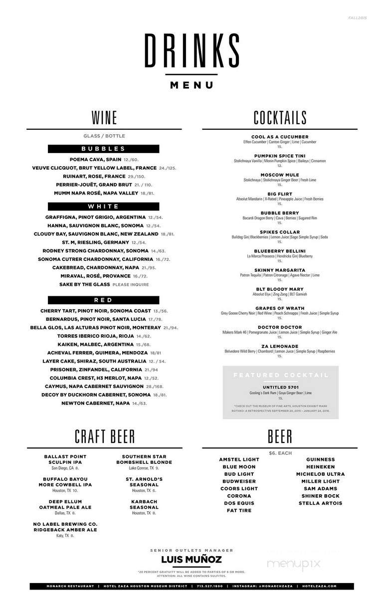 Monarch Restaurant & Bar - Houston, TX menu_pic