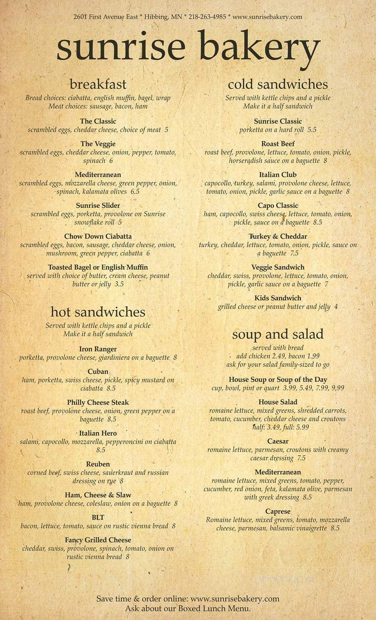 Sunrise Bakery - Hibbing, MN menu_pic