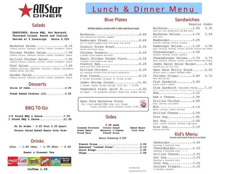 Allstar diner - Sylvan Springs, AL menu_pic