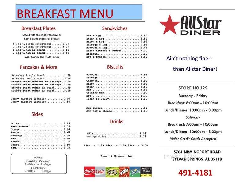 Allstar diner - Sylvan Springs, AL menu_pic