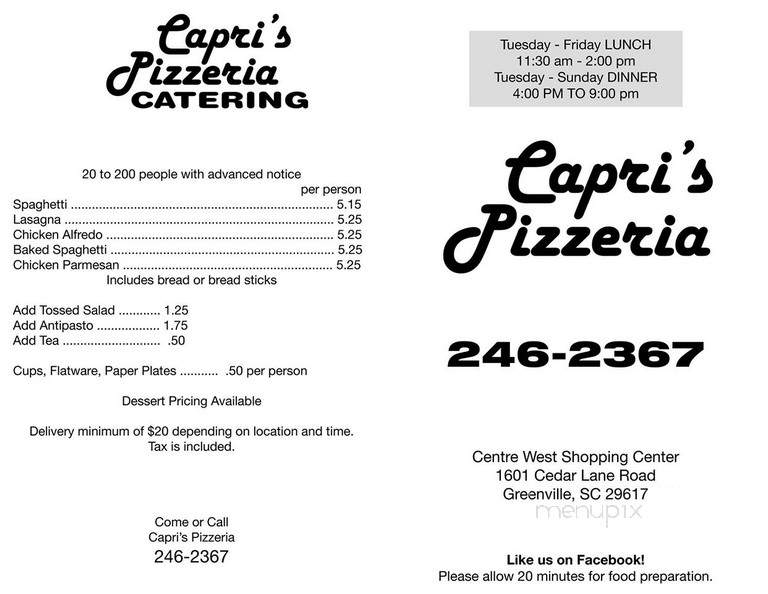 Capri's Pizzeria of Berea - Greenville, SC menu_pic