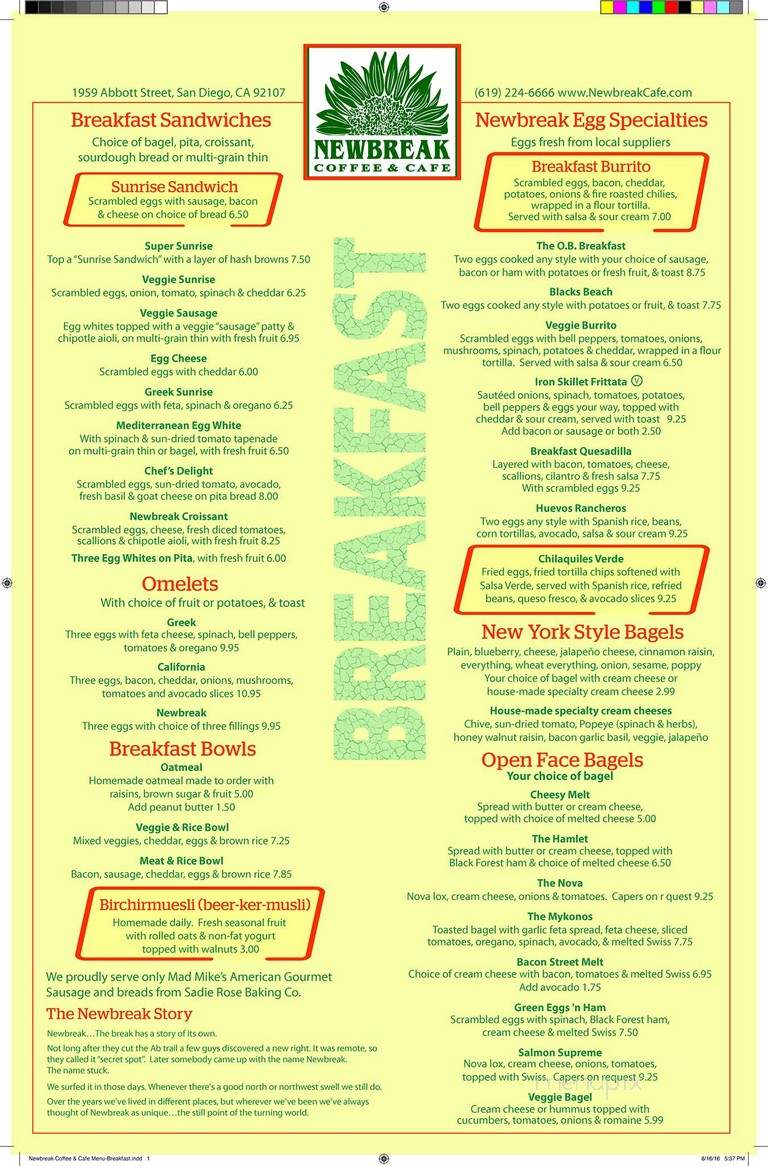 Newbreak Coffee Co. - San Diego, CA menu_pic
