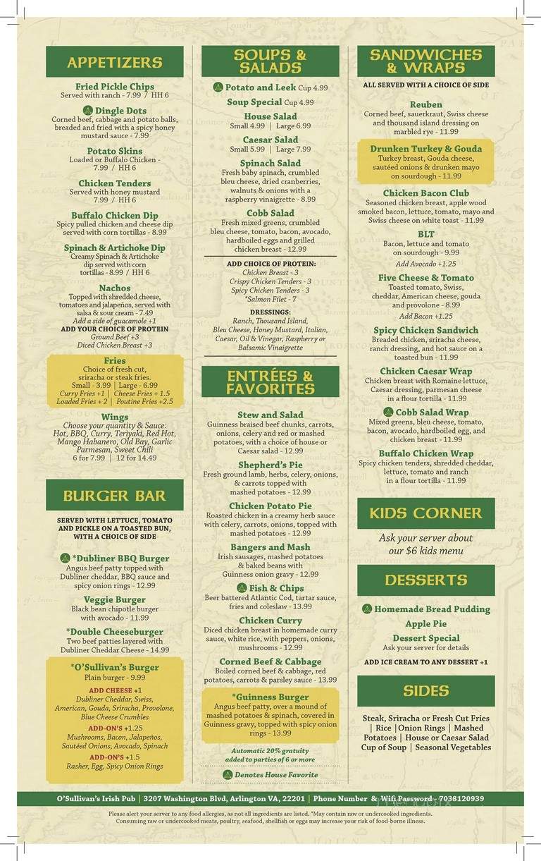 O'Sullivan's Irish Pub - Arlington, VA menu_pic