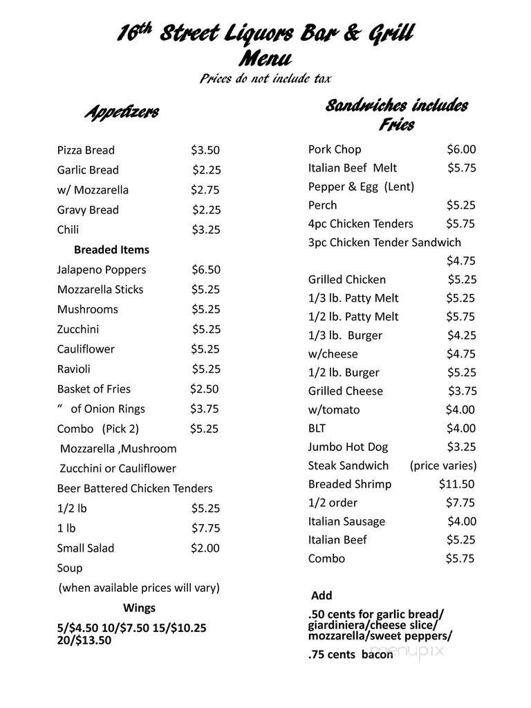 Sixteenth Street Liquors - Berwyn, IL menu_pic