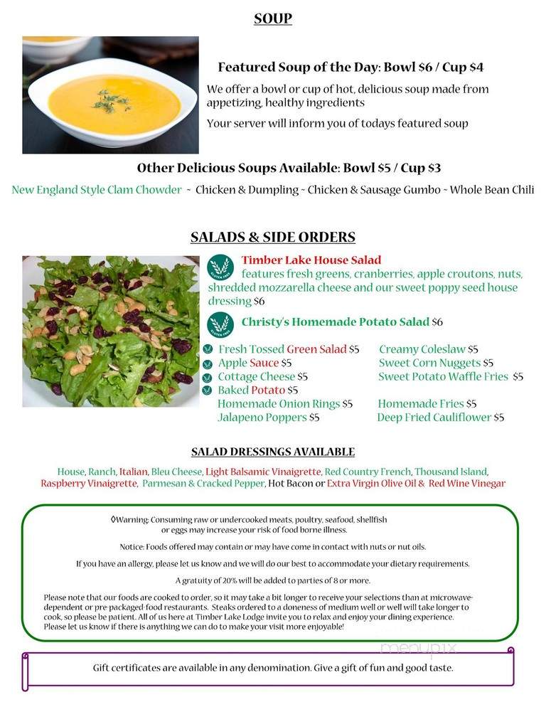Timber Lake Lodge - Titusville, PA menu_pic