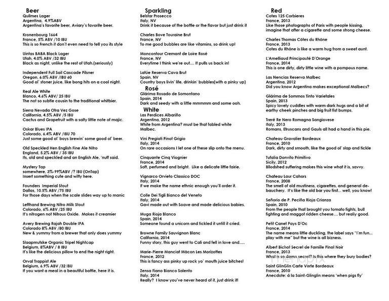 Aviary - Austin, TX menu_pic