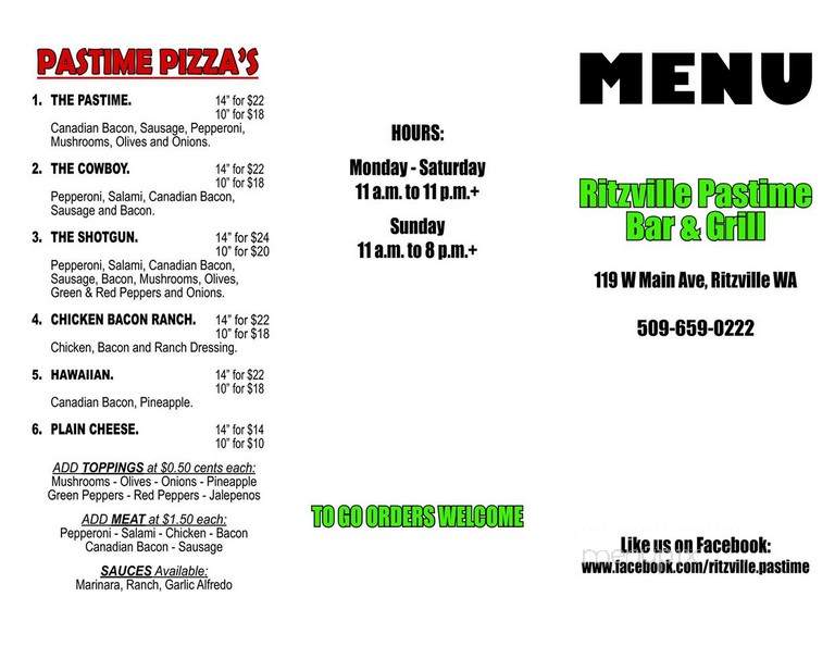 Pastime - Ritzville, WA menu_pic