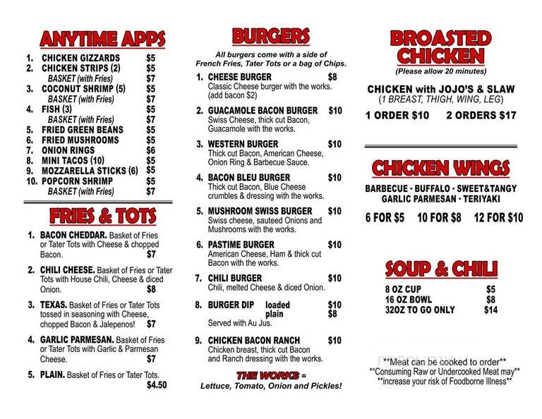 Pastime - Ritzville, WA menu_pic