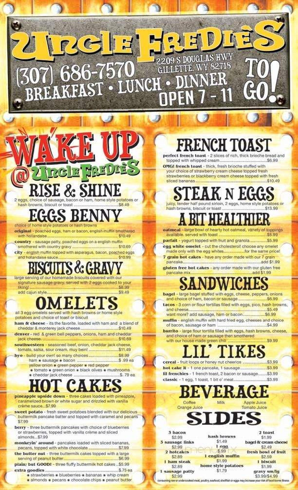Uncle Freddies Junkyard Grill & Pizza - Gillette, WY menu_pic