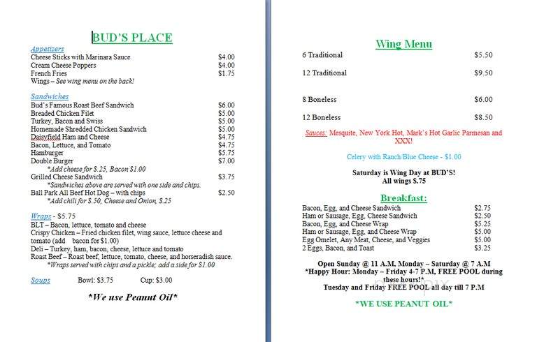 Bud's Place - Sandusky, OH menu_pic