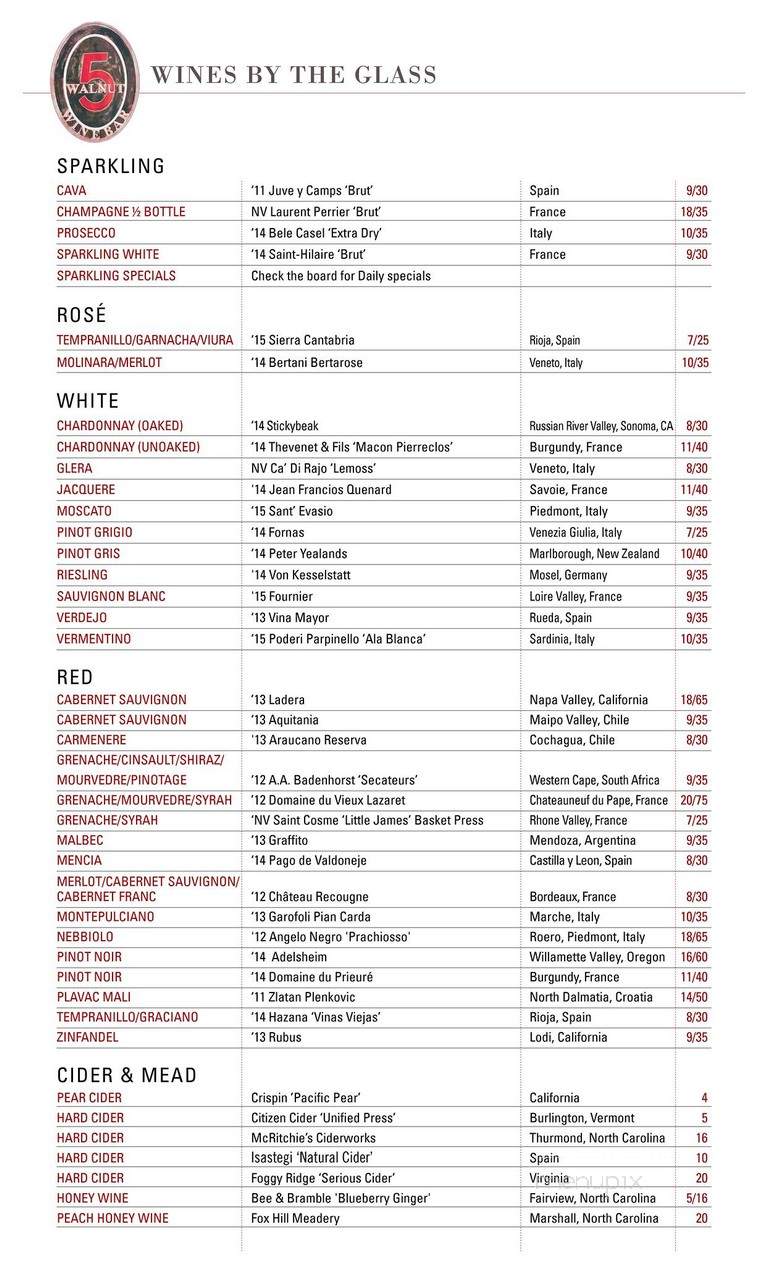 5 Walnut - Asheville, NC menu_pic