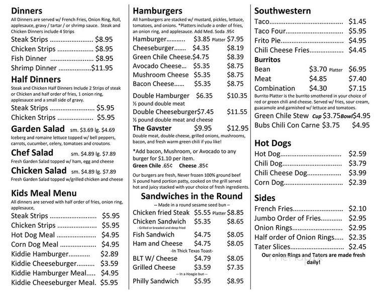 Bubsters - Rex's Hamburgers - Albuquerque, NM menu_pic
