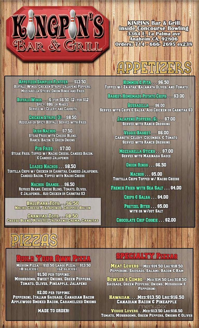 Kingpin's Bar & Grill - Anaheim, CA menu_pic