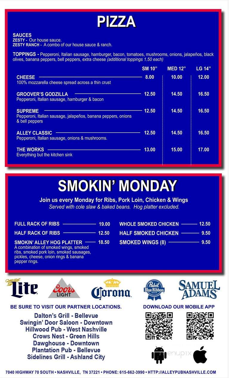 Alley Pub - Nashville, TN menu_pic