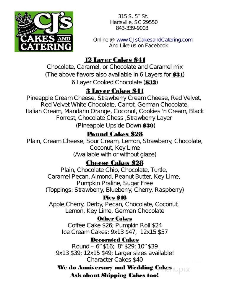 CJ's Cakes & Catering - Hartsville, SC menu_pic