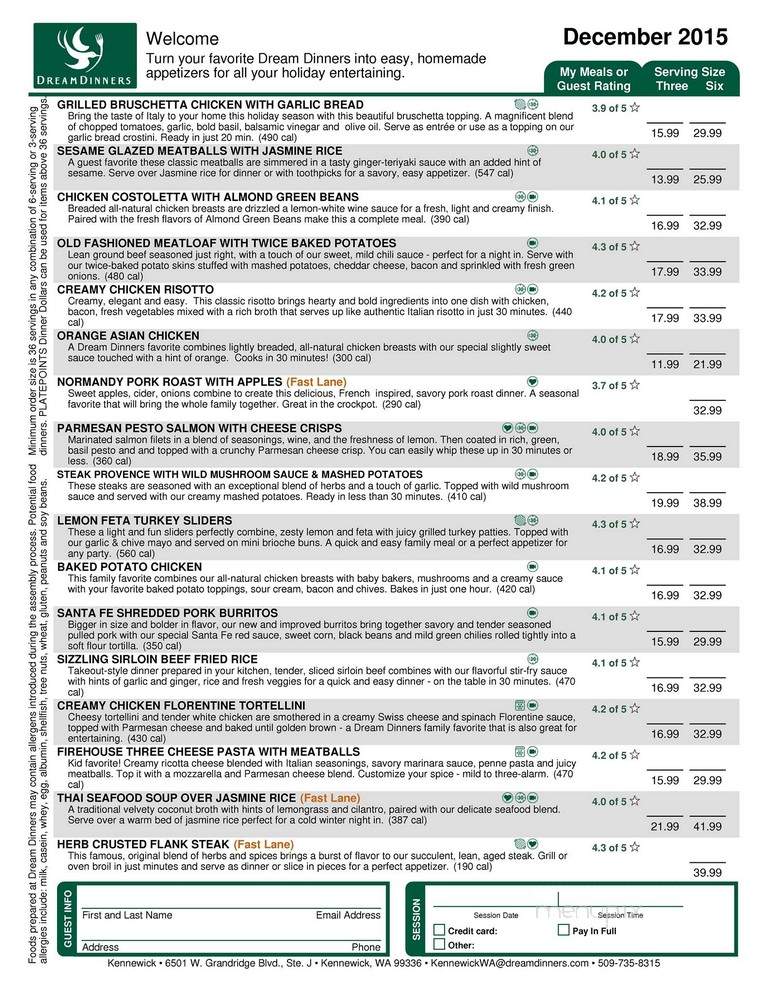 Dream Dinners - Kennewick, WA menu_pic