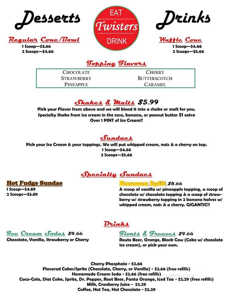 Twisters & the Route 66 Cafe - Williams, AZ menu_pic