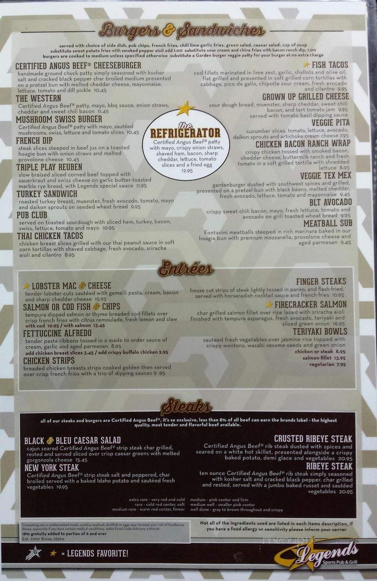 Legends Sports Pub & Grill - Boise, ID menu_pic