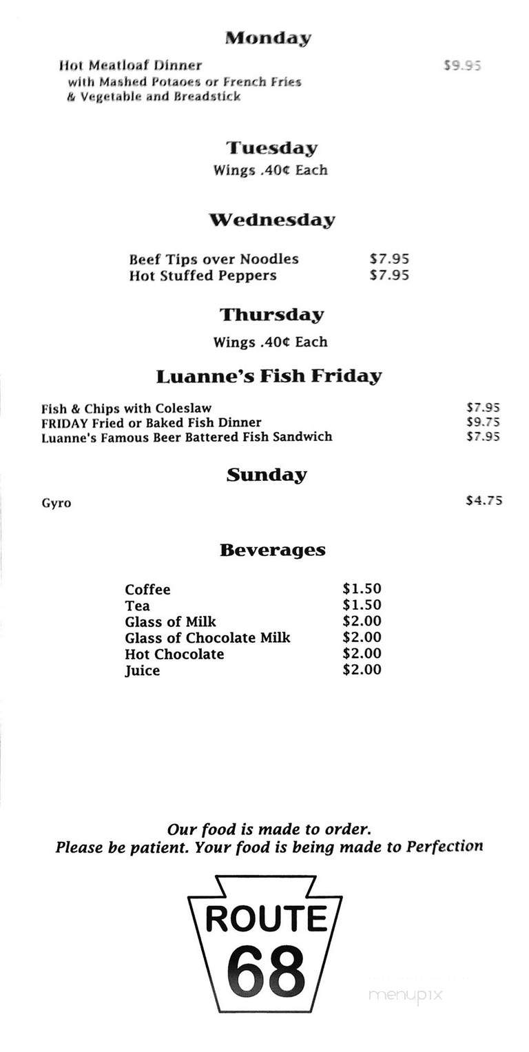 Luanne's Route 68 - Industry, PA menu_pic