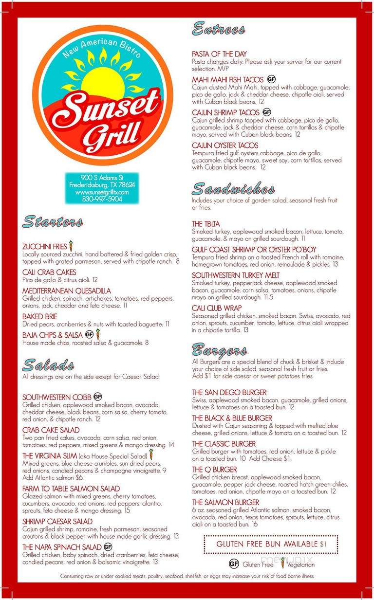 Sunset Grill - Fredericksburg, TX menu_pic