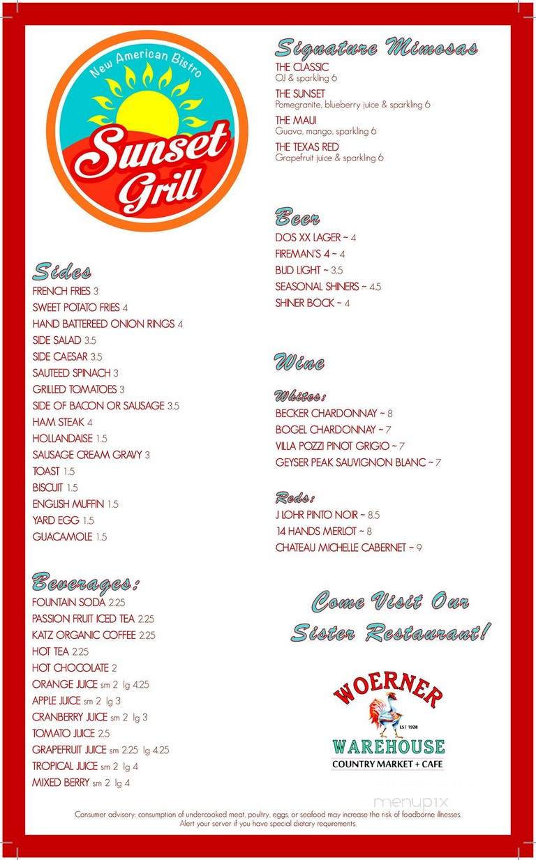 Online Menu of Sunset Grill, Fredericksburg, TX