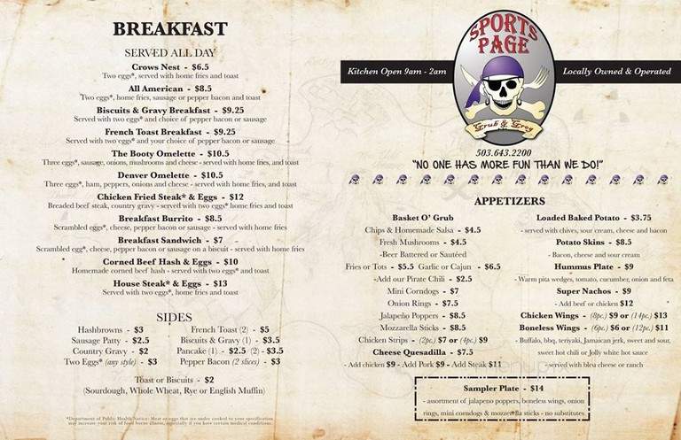 Sports Page - Beaverton, OR menu_pic