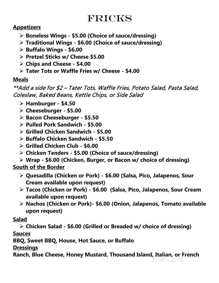 Fricks - Davenport, IA menu_pic
