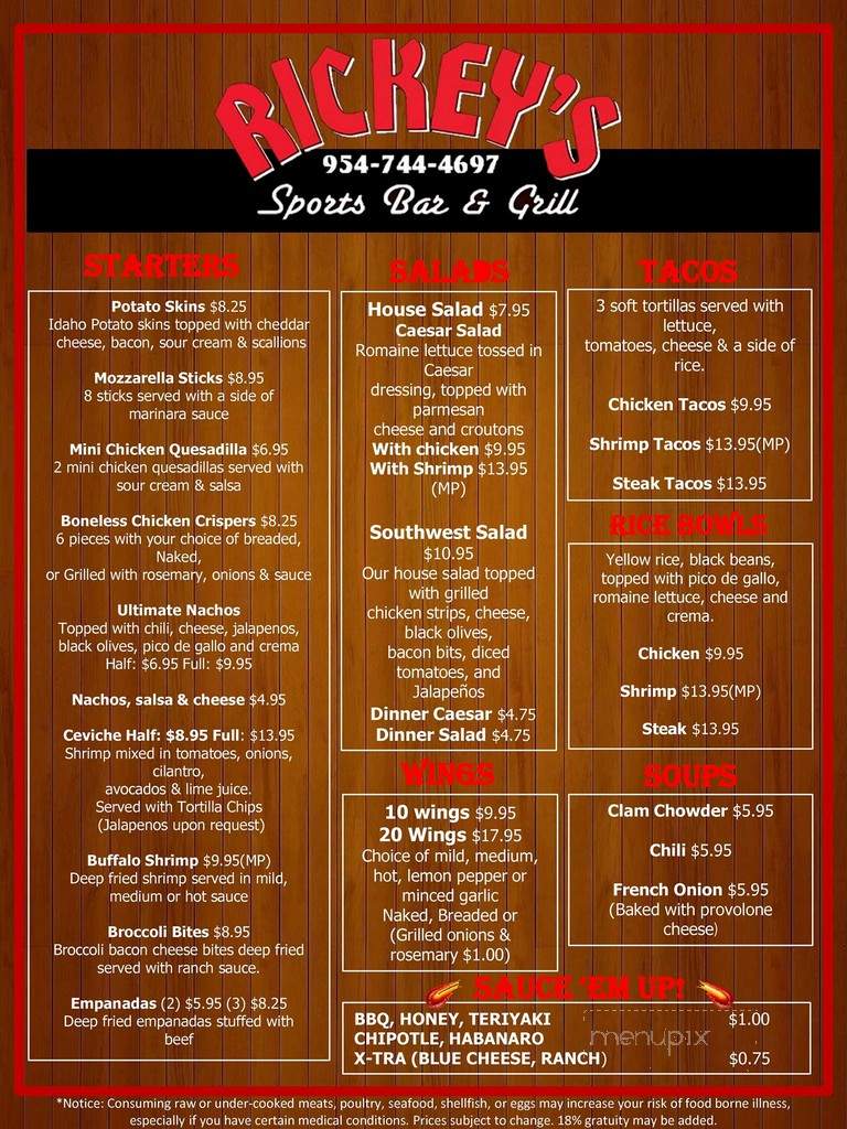 Rickey's Sports Bar & Grill - Pembroke Pines, FL menu_pic