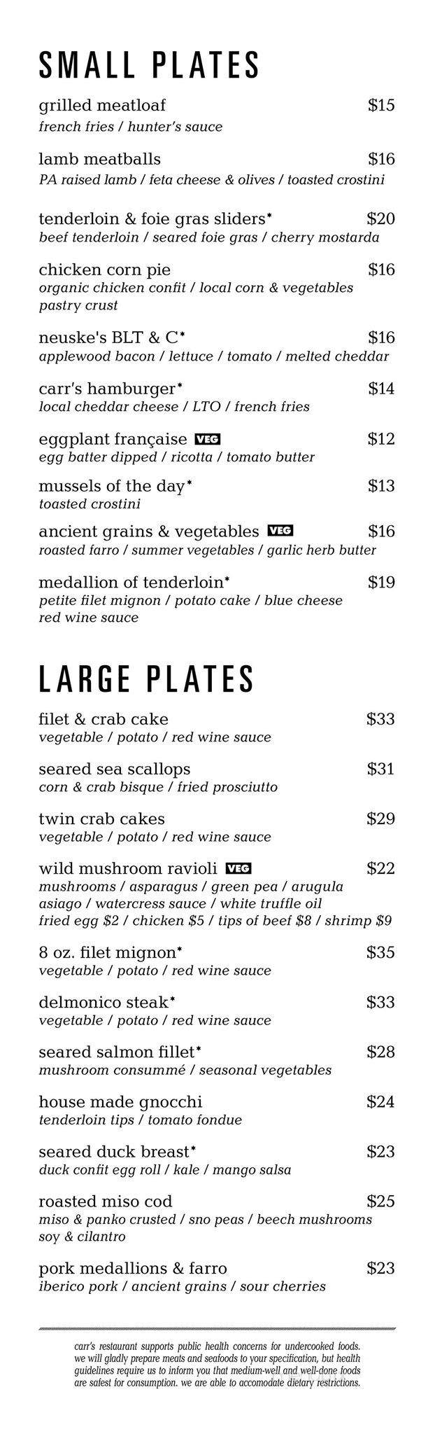 Carr's Restaurant - Lancaster, PA menu_pic