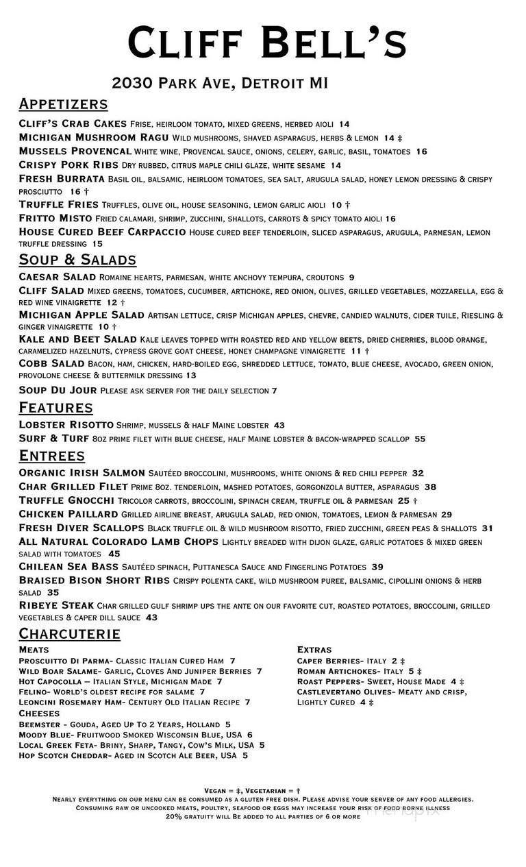 Cliff Bell's - Detroit, MI menu_pic