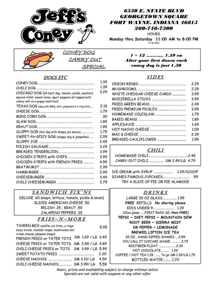Jeff's Coney - Fort Wayne, IN menu_pic