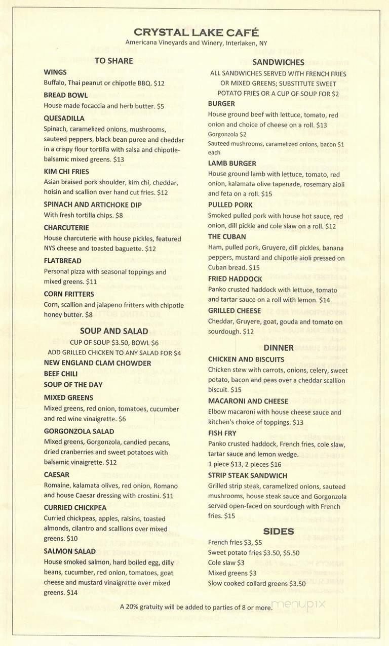The Crystal Lake Cafe - Interlaken, NY menu_pic