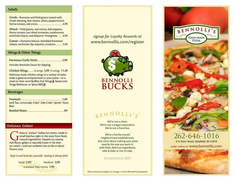 Bennolli's Pizza - Delafield, WI menu_pic