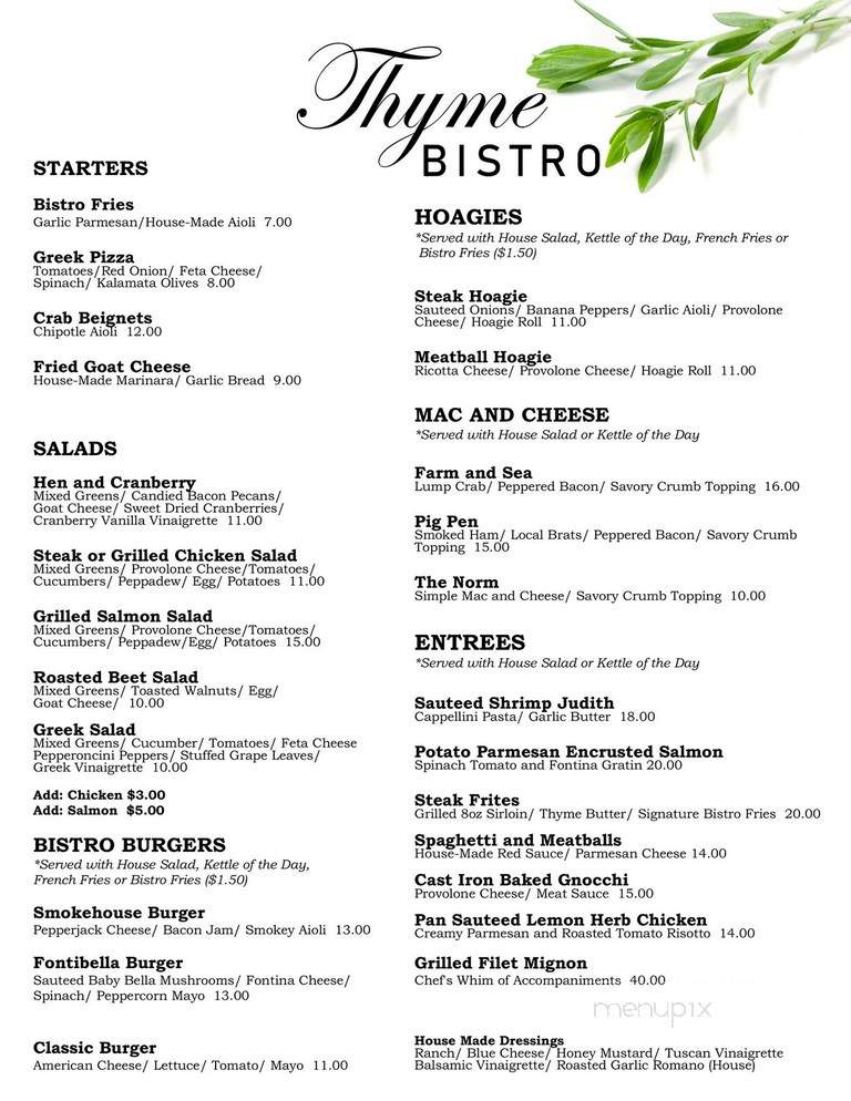 Thyme Bistro - Weston, WV menu_pic