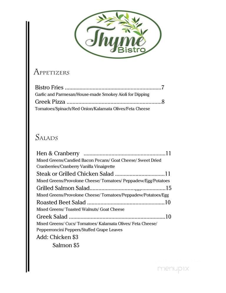 Thyme Bistro - Weston, WV menu_pic