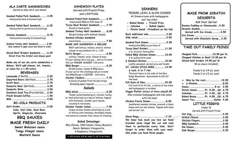 Online Menu of Butt's On The Creek, Maggie Valley, NC