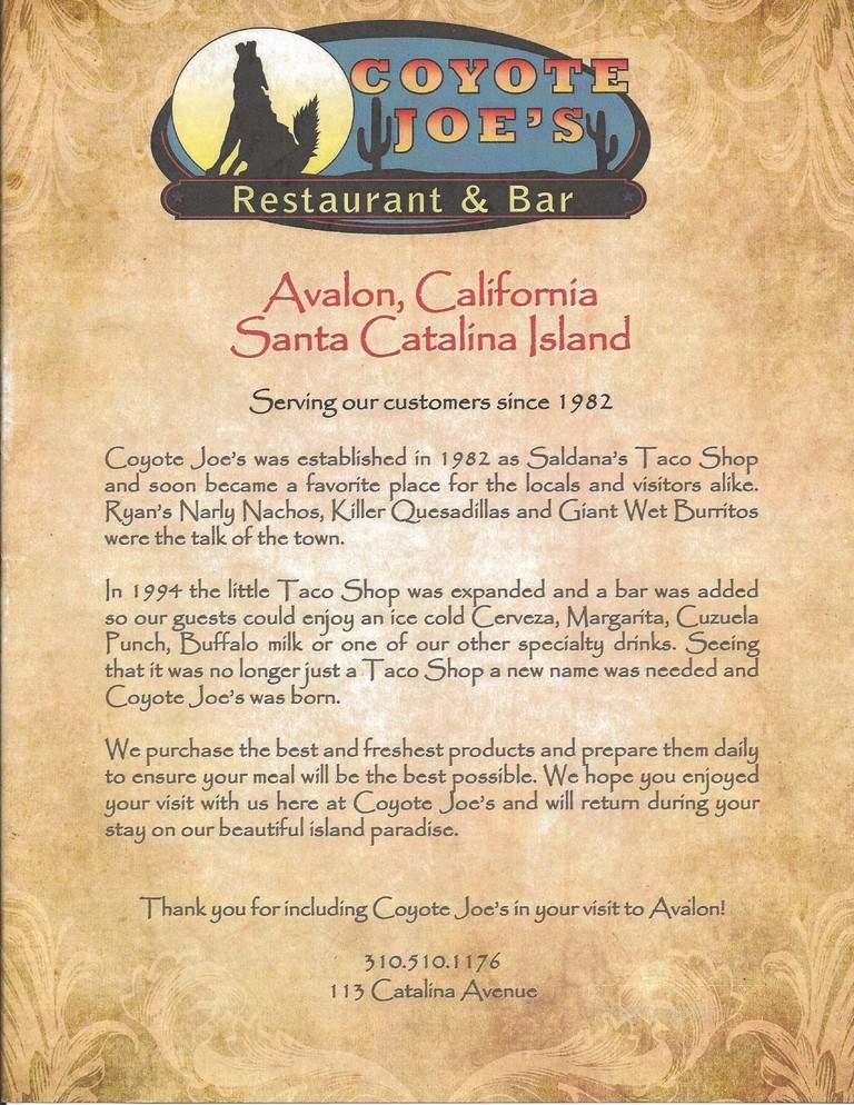Coyote Joe's - Avalon, CA menu_pic