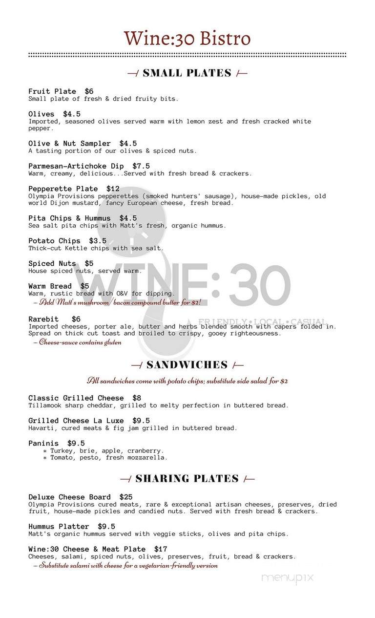 Wine:30 - Milwaukie, OR menu_pic