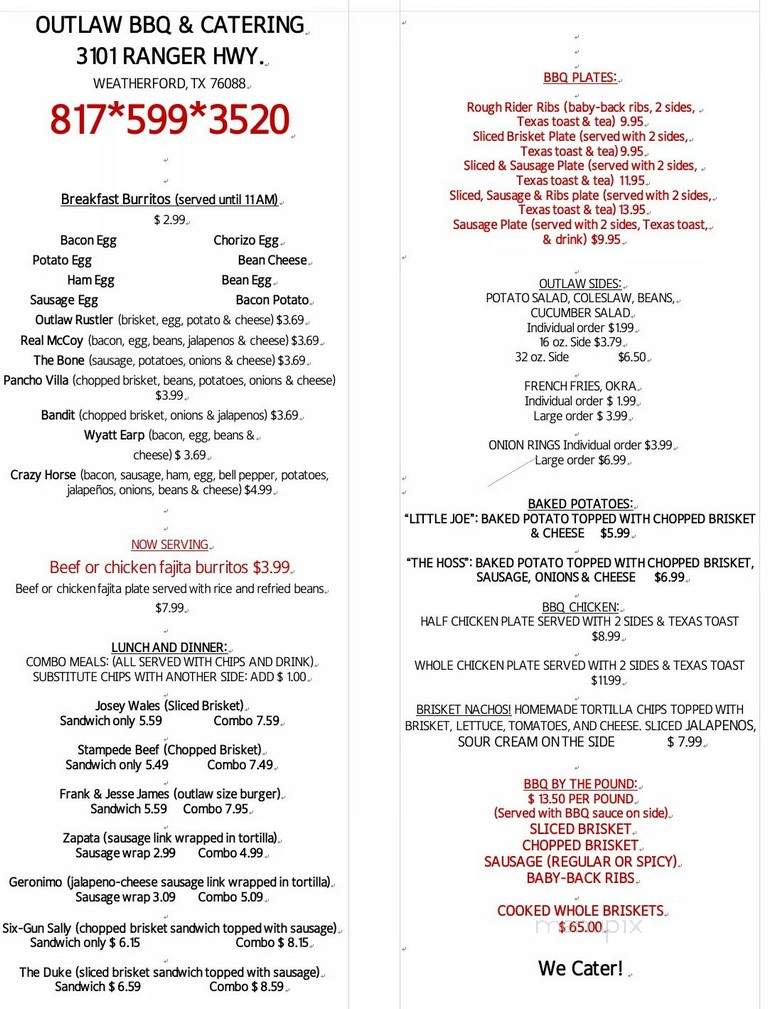 Outlaw BBQ - Weatherford, TX menu_pic