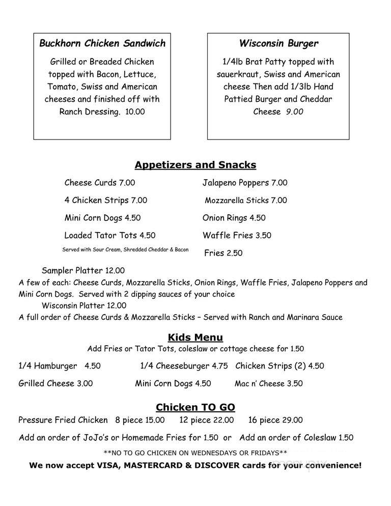Buckhorn - Gordon, WI menu_pic