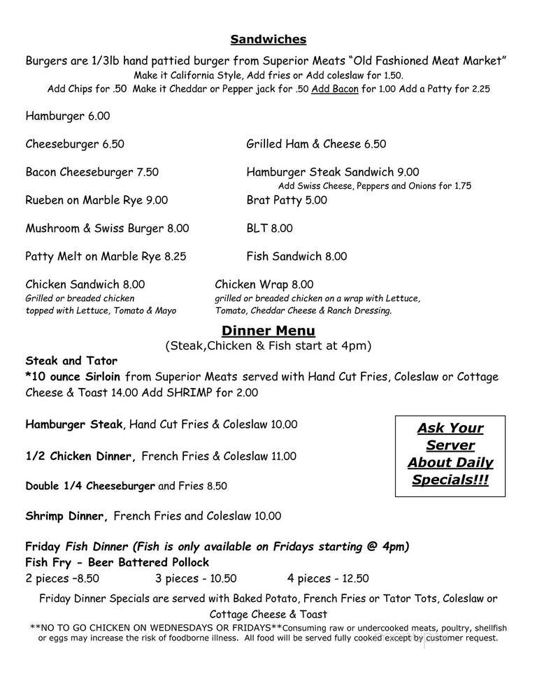 Buckhorn - Gordon, WI menu_pic