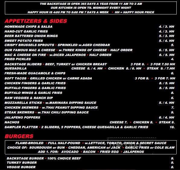 Backstage Bar & Grill - Culver City, CA menu_pic