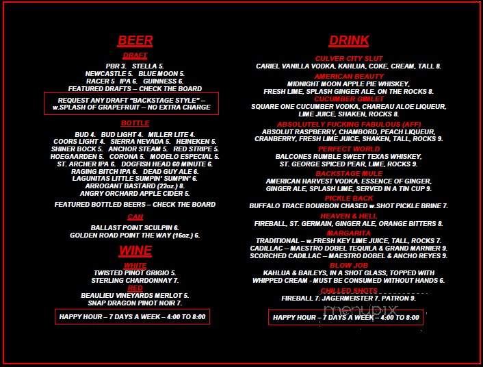 Backstage Bar & Grill - Culver City, CA menu_pic