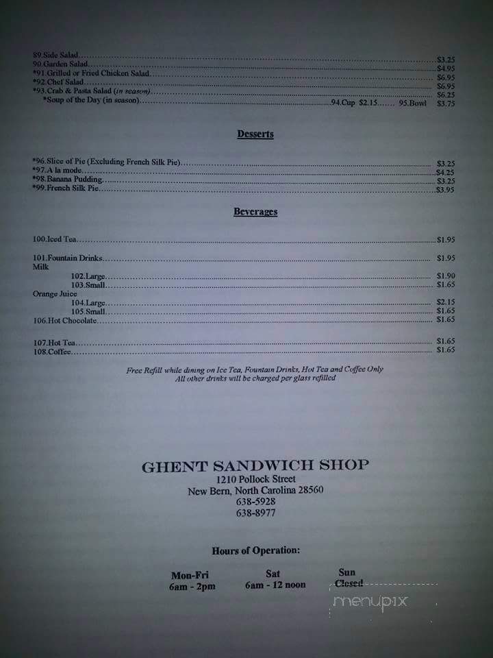 Ghent Sandwich Shop - New Bern, NC menu_pic