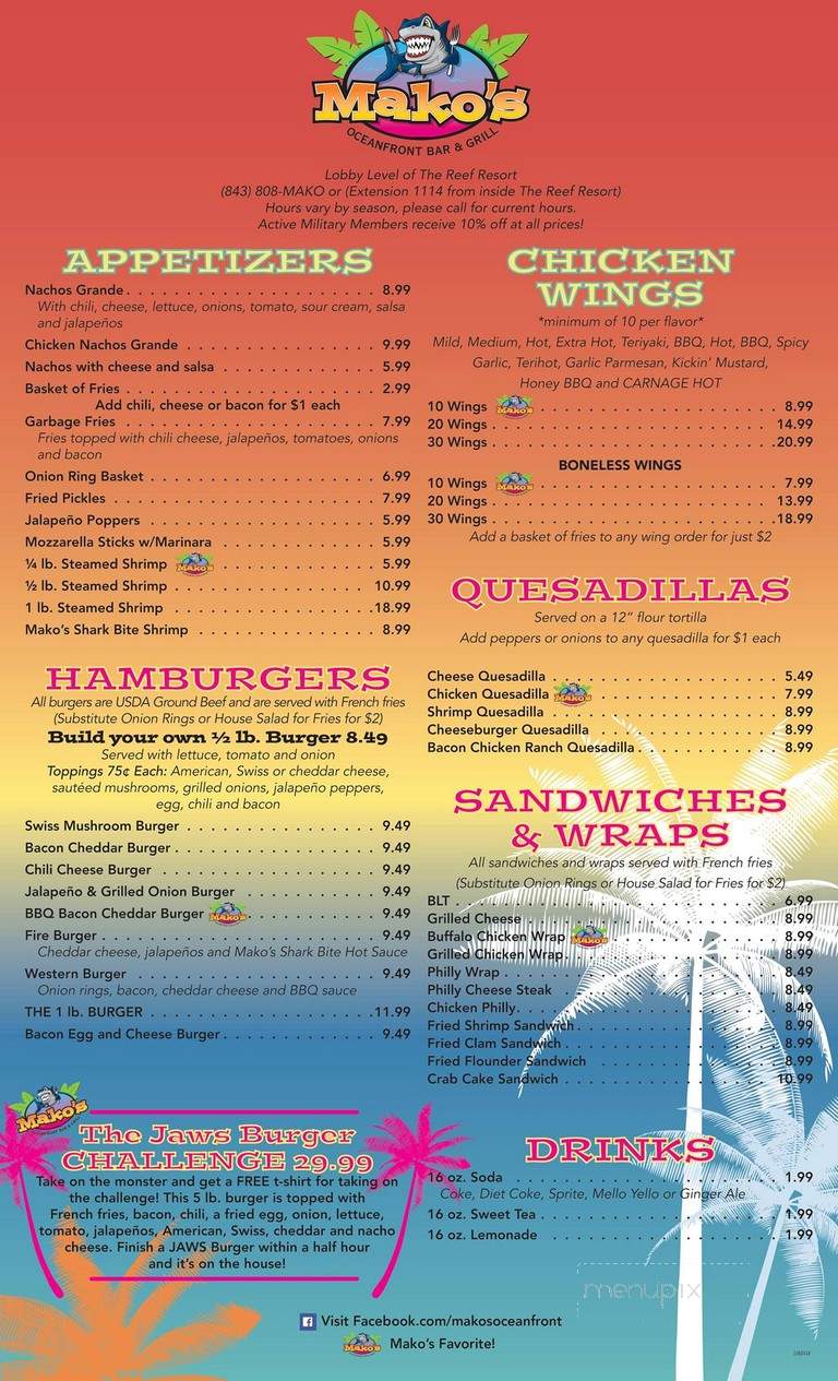 Menu of Mako's Oceanfront Bar and Grill in Myrtle Beach