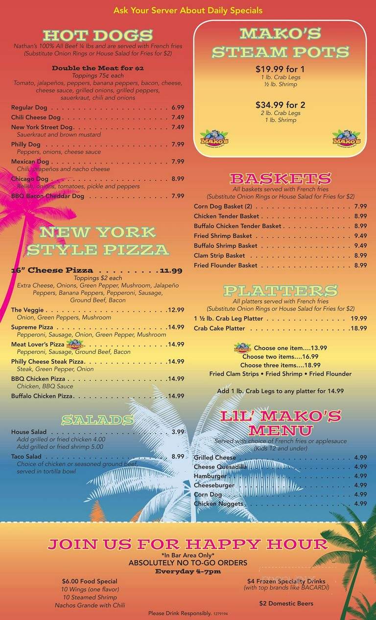 Menu of Mako's Oceanfront Bar and Grill in Myrtle Beach