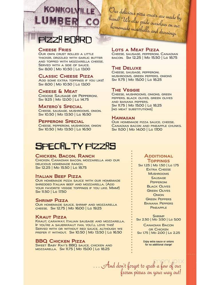 Matero's Pizza and Pub - Custer, WI menu_pic