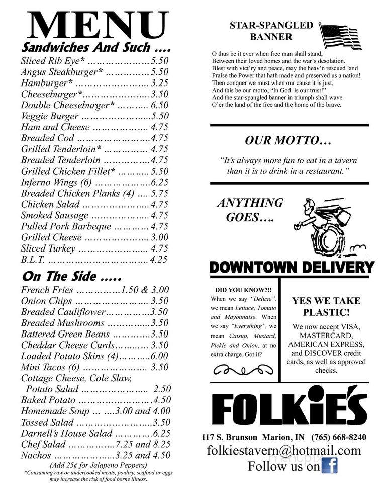 Folkie's Tavern - Marion, IN menu_pic