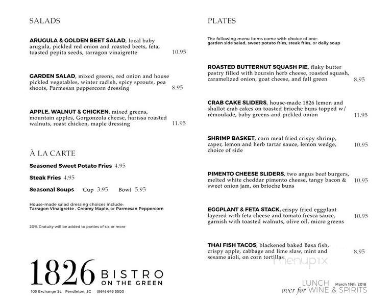 1826 Restaurant - Pendleton, SC menu_pic